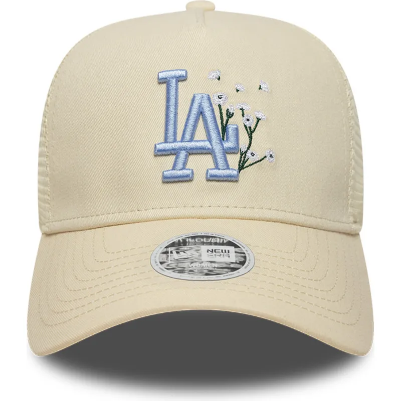 cappellino-trucker-beige-con-logo-blu-da-donna-9forty-a-frame-floral-dei-los-angeles-dodgers-mlb-di-new-era