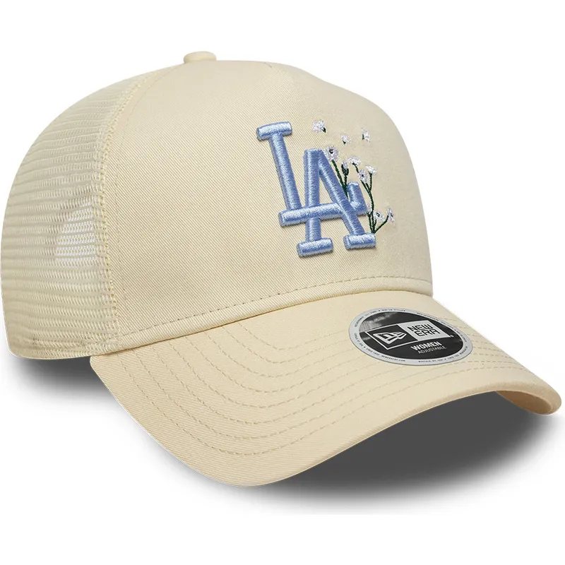 gorra-trucker-beige-con-logo-azul-para-mujer-9forty-a-frame-floral-de-los-angeles-dodgers-mlb-de-new-era