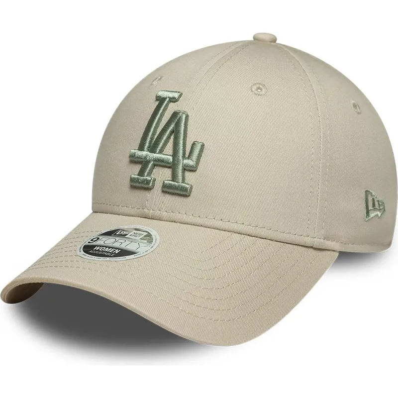 beige-verstellbare-curved-cap-mit-grunem-logo-fur-damen-9forty-league-essential-der-los-angeles-dodgers-mlb-von-new-era