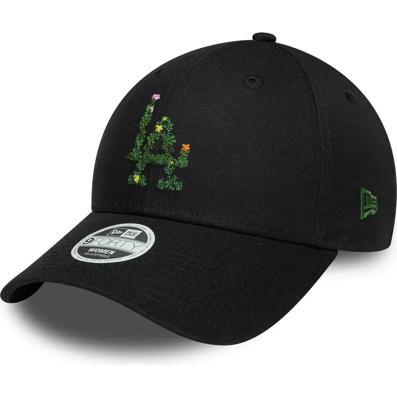 schwarze-verstellbare-curved-cap-fur-damen-9forty-floral-infill-der-los-angeles-dodgers-mlb-von-new-era