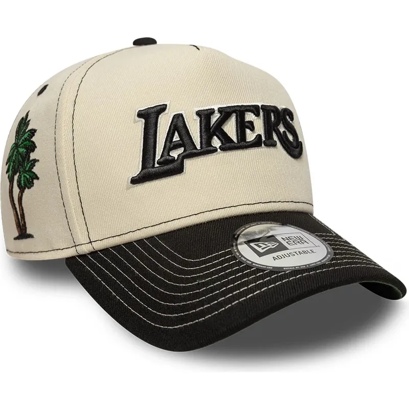 casquette-courbee-beige-et-noire-snapback-e-frame-city-icon-los-angeles-lakers-nba-new-era