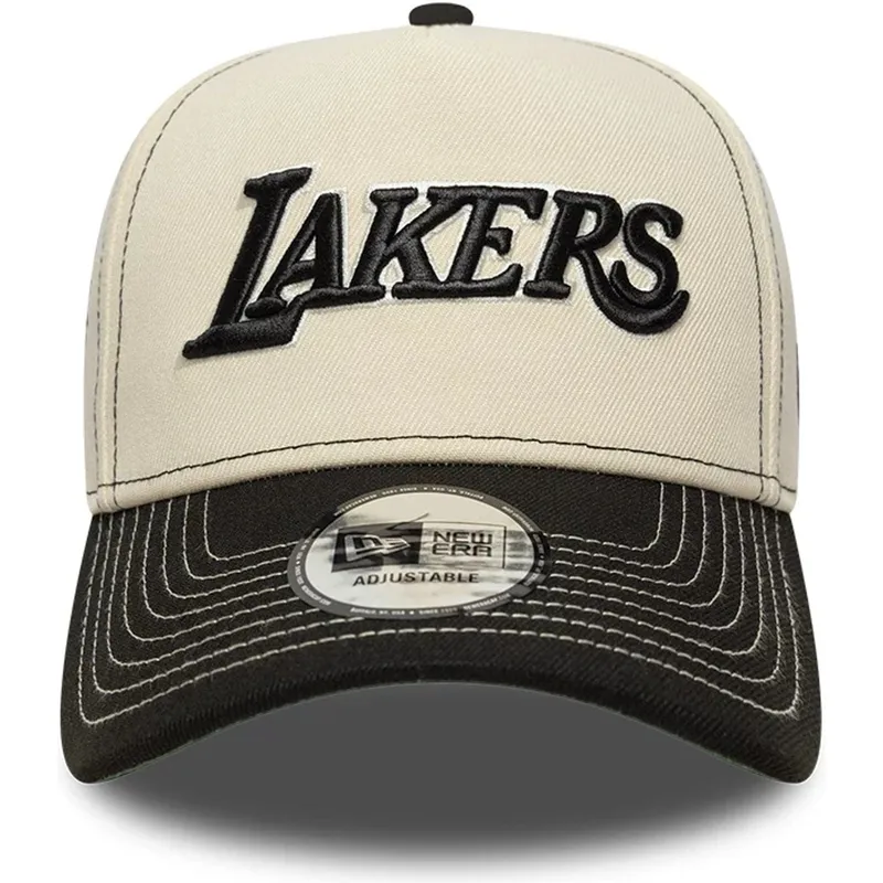 casquette-courbee-beige-et-noire-snapback-e-frame-city-icon-los-angeles-lakers-nba-new-era