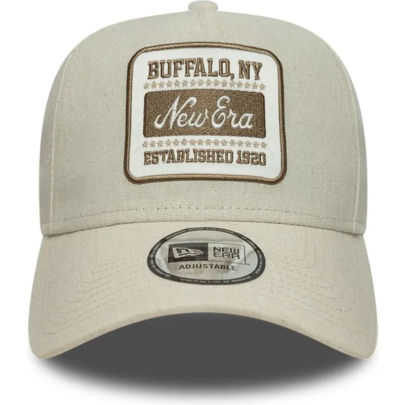 casquette-courbee-beige-snapback-e-frame-patch-linen-new-era