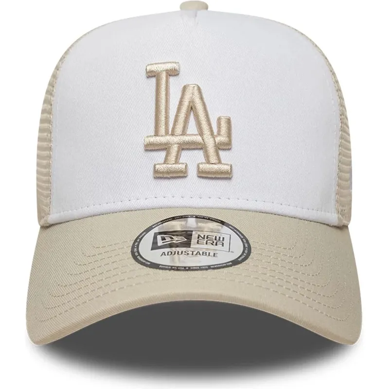 cappellino-trucker-beige-e-bianco-con-logo-beige-a-frame-league-essential-dei-los-angeles-dodgers-mlb-di-new-era