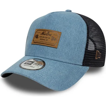 Casquette trucker bleue A Frame Denim Leather Patch New Era
