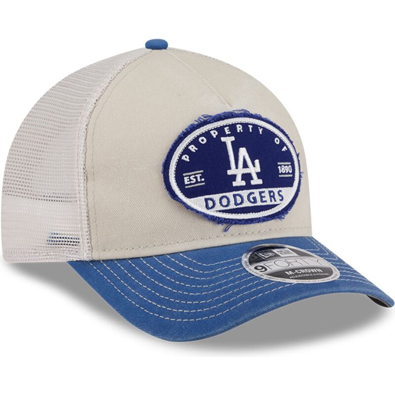 casquette-trucker-beige-et-bleue-9forty-m-crown-a-frame-fray-los-angeles-dodgers-mlb-new-era