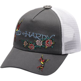 Șepci curbată gri snapback Floral Swallow de Ed Hardy
