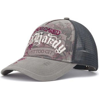 Șepci curbată gri snapback Floral Tattoo City Vintage Wash de Ed Hardy