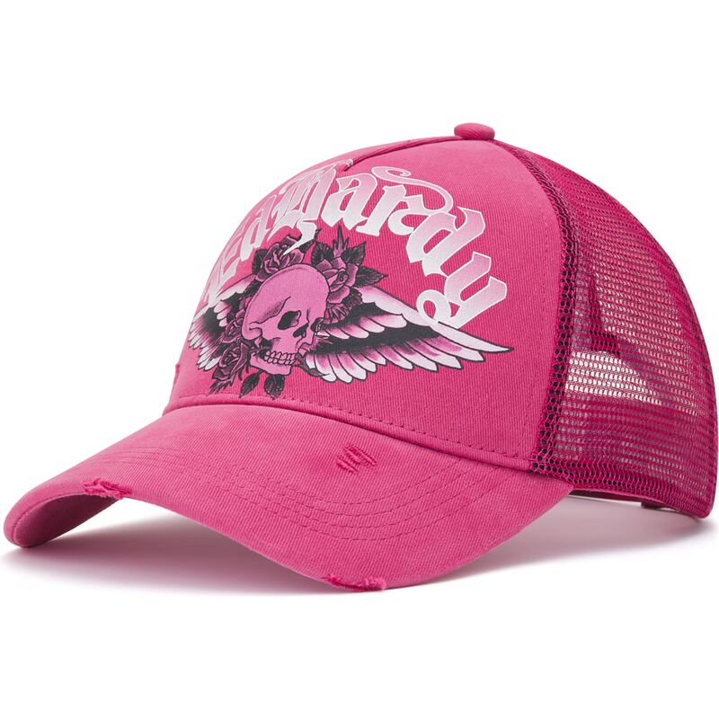 epci-curbata-roz-snapback-flaming-gothic-skull-washed-de-ed-hardy