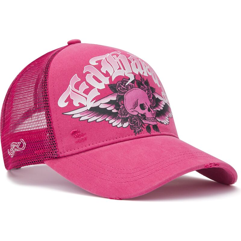 epci-curbata-roz-snapback-flaming-gothic-skull-washed-de-ed-hardy