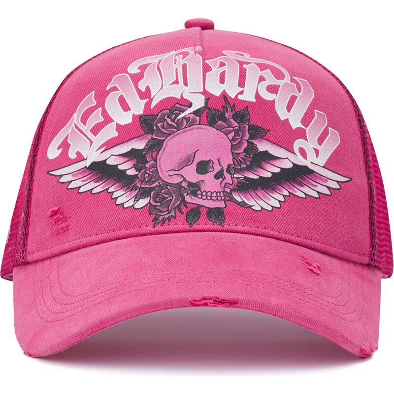 epci-curbata-roz-snapback-flaming-gothic-skull-washed-de-ed-hardy
